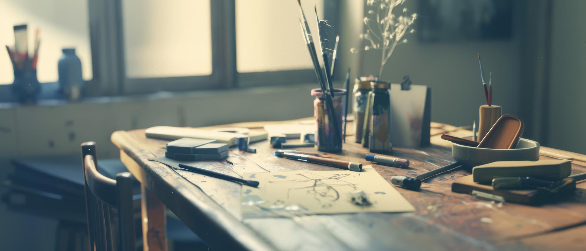 Atelier table with threads and sketches